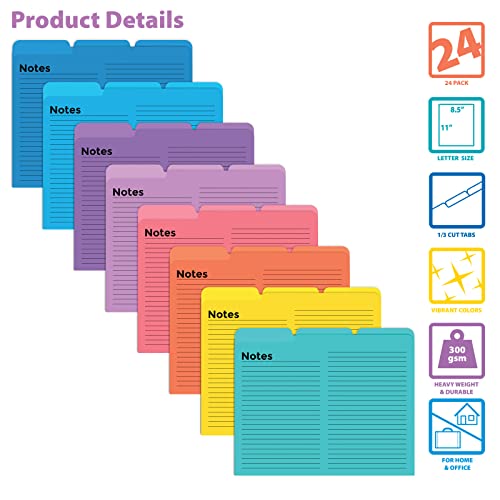 Better Office Products Lined File Folders, 24 Pack, Notes Tabbed File Folders, 1/3 Cut Tabs, 8 Vibrant Colors, Heavyweight, Letter Size Folders, 9.5" x 11.5", Left/Center/Right Set Per Color,