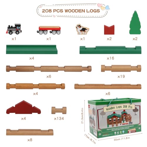 Wondertoys 208 Pcs Wooden Log Set - Classic Building Logs Ages 3+ - Best Retro Building Gift Set for Boys - Creative Construction Engineering Educational Gifts - style: 208PCS Classic
