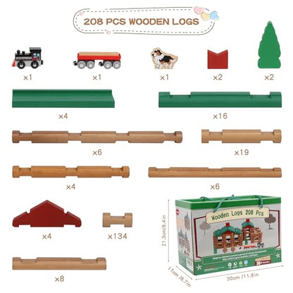 Wondertoys 208 Pcs Wooden Log Set - Classic Building Logs Ages 3+ - Best Retro Building Gift Set for Boys - Creative Construction Engineering Educational Gifts - style: 208PCS Classic