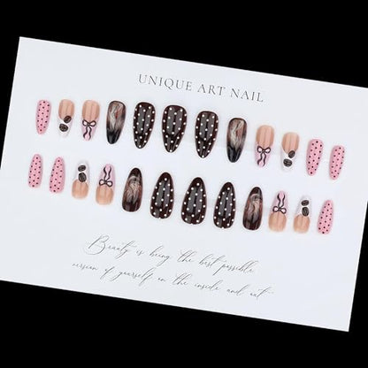 Stiletto Press on Nails Long Chocolate Fake NailPolka dot with Chocolate Beans Charm Acrylic Nail Press ons Brown Bow Stick on Nails for Women 24pcs - color: Color17