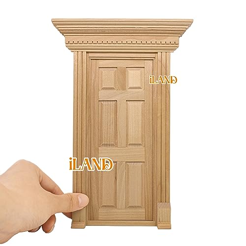 iLAND Dollhouse Door on 1 12 Scale, Unfinished Paintable Neoclassical Wooden Door w/Metal Handle, Mail Slot, Key & Knocker, Miniature Building Supplies Dollhouse Furniture & Decor - style: Neoclassical Mini Door