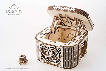 UGEARS Treasure Box w/Key (Secret Hidden Puzzle) 3D Wooden Puzzles for Adults - Wooden Model Kits for Adults Mechanical Models Difficult Puzzle Box Wooden Safe Brain Teaser, Hobby Set
