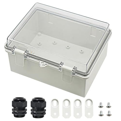 Zulkit Junction Box ABS Plastic Dustproof Waterproof IP65 Electrical Boxes Hinged Shell Outdoor Universal Project Enclosure Clear Cover with 2 Cable Glands 8.7 x 6.7 x 4.3 inch (220x170x110 mm) - size: 8.7" x 6.7" x 4.3"