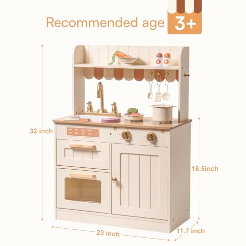 ROBOTIME Wooden Play Kitchen Set with Cutting Food, Ages 3+, 23in × 32in - color: Beige Color