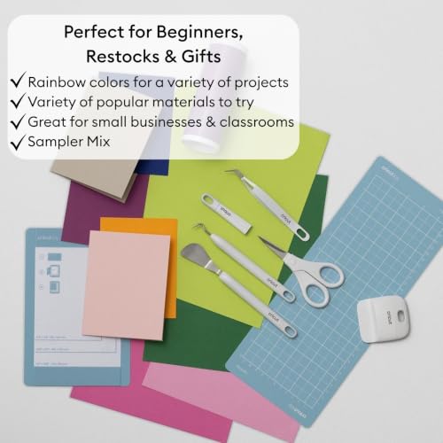 Cricut Deluxe All‑in‑One Sampler Kit for Cricut Joy Machines- 40+ Piece Bundle with Vinyl, Heat Transfer Vinyl, Card Sets with Pens & Instructional Guides, Beginner Die-Cutting Machine Materials Pack - color: Deluxe Sampler