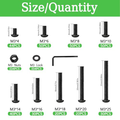 1002Pcs M3 Metric Hex Button Head Fastener Kit, Screws, Nuts & Flat Washers - size: M3x4/6/8/10/14/16/18/20/25-1002Pcs