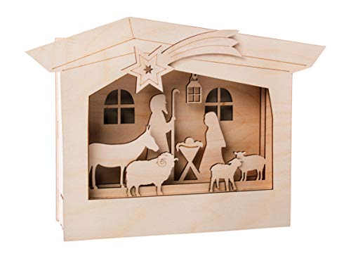 Rayher Wood.constr.3D Motif-Frames,FSCMixCred, Natural, 24x24x6.3cm, Crib, 13-Part, Box 1Set - style: Nativity