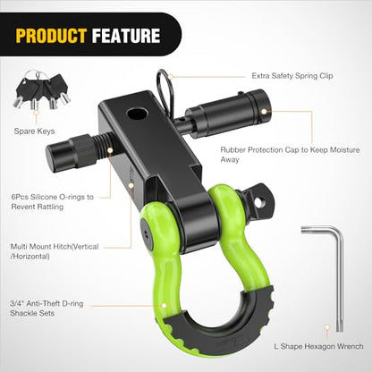 Nilight 3/4" Anti-Theft D Ring Shackle Hitch Receiver 2" Solid Towing Kit | 45000 LBs Breaking Strength 5/8" Trailer Hitch Lock Pin Heavy Duty Solid Towing Kit for Trucks Off Road Green&Black - color: Hitch w/ Lock Pin Black Green