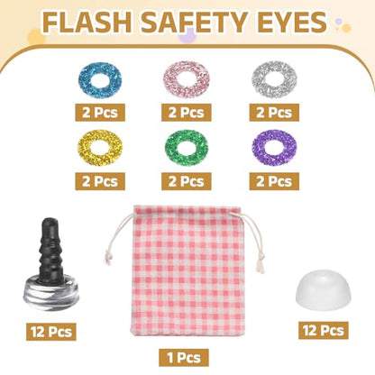 MECCANIXITY 12 Pcs Glitter Safety Eyes, 9mm Plastic 3D Crochet Doll Eyes with Washers and Drawstring Bag for Puppet Bear DIY Crafts Stuffed Animals Making Supplies, 6 Colors - color: 6 Colors