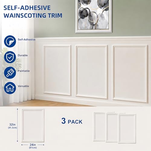 3 Set Peel and Stick Wall Molding Kit,Pre Cut Wainscoting Panels,24x32in - color: 24x32in