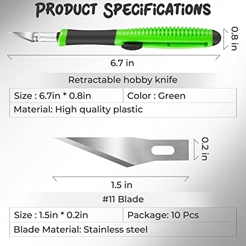 Exacto Knife, 1 Pack Craft Knife with Extra 10 Pcs High Carbon Steel Blades, Sharp Hobby Knives for Crafting, Precision, Exacting for Home and Studio Use - style: Green (Retractable) – 1 Knife / 10 Blades