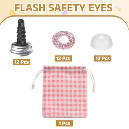 MECCANIXITY 12 Pcs Glitter Safety Eyes, 9mm Plastic 3D Crochet Doll Eyes with Washers and Drawstring Bag for Puppet Bear DIY Crafts Stuffed Animals Making Supplies, Pink - color: Pink