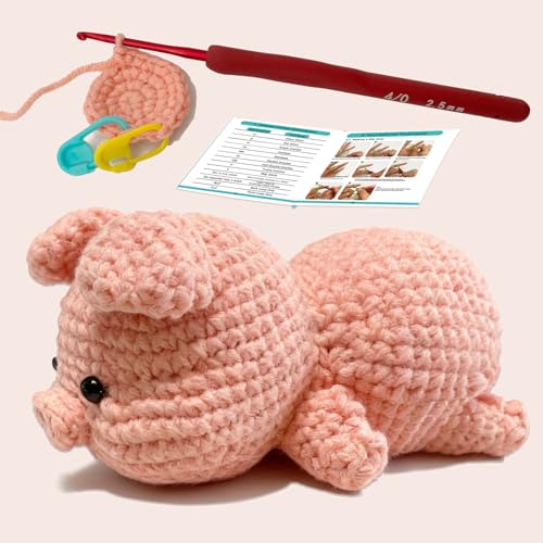 JueRum Pig Crochet Kit for Beginners Adult All-in-One Amigurumi Crochet Kit - color: Pink Pig