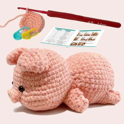 JueRum Pig Crochet Kit for Beginners Adult All-in-One Amigurumi Crochet Kit - color: Pink Pig