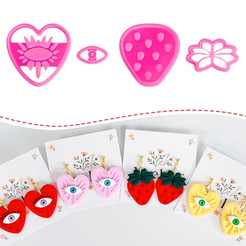 Xaekicr 4PCS Polymer Clay Cutters Set - Eye, Strawberry, Clover Heart Shape Clay Earring Cutters for DIY Jewelry Making, Clay Tools and Polymer Clay Molds - color: 2A color