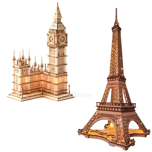 ROBOTIME 3D Wooden Puzzle DIY Model Building Kit Big Ben TG507 & Eiffel Tower TGL01