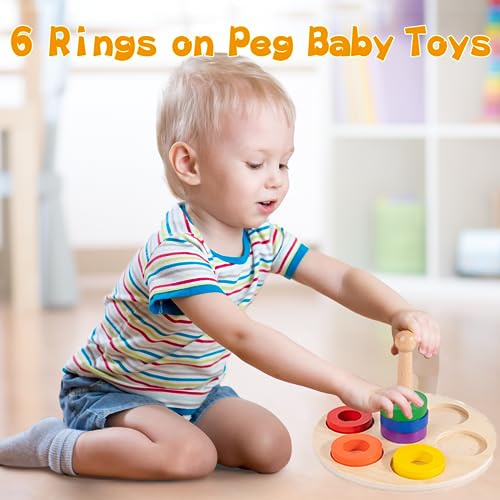 Adena Montessori 6-Ring Rainbow Stacker, 12m+ - style: 6 Rings on Peg