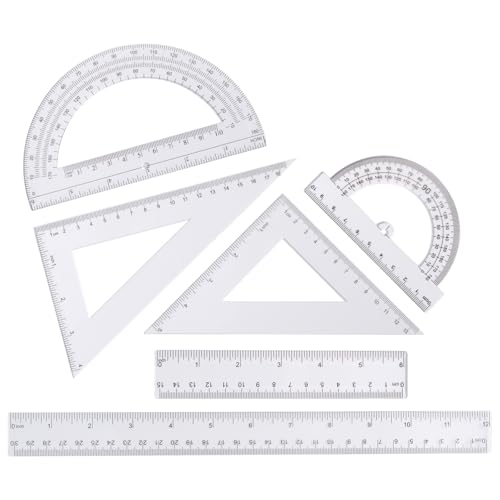 6-Piece Clear Math Geometry Set with 12-Inch and 6-Inch Rulers, 2 Triangles, 2 Protractors