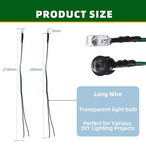20PCS 12V 5mm Pre-Wired Green LED Diodes with Resistor, Includes 20 Black Mounts & 5-Meter Waterproof Tape, for Automotive Indicators, DIY Electronics, and Equipment Status Lights - color: Green
