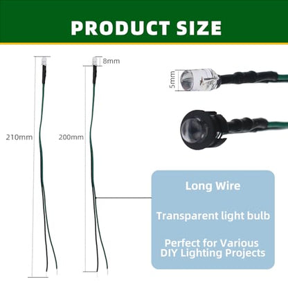 20PCS 12V 5mm Pre-Wired Green LED Diodes with Resistor, Includes 20 Black Mounts & 5-Meter Waterproof Tape, for Automotive Indicators, DIY Electronics, and Equipment Status Lights - color: Green