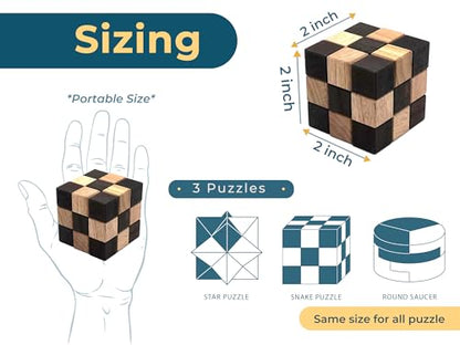 BSIRI 3 Puzzles in a Box - Wooden Brain Teaser Puzzle, 3D Mind Puzzle for Adults, Educational Senior Games, and Brain Games, Ideal for Birthday Gifts and Patio Décor - style: 3 Puzzle Set
