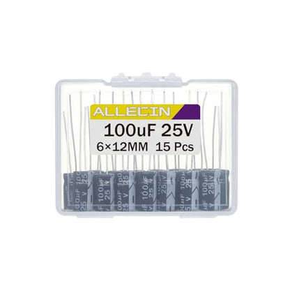 100uF 25V 6x12mm Electrolytic Capacitor 100 UF MFD 25 Volt 0.24x0.47in Aluminum Capacitors (Pack of 15) - style: 100uF 25V 6x12MM
