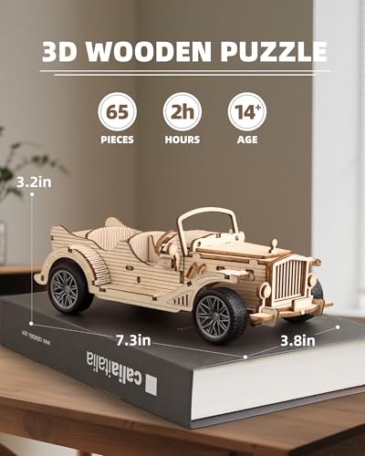 3D Wooden Puzzles for Adults, Pull Back Vintage Car Building Kits