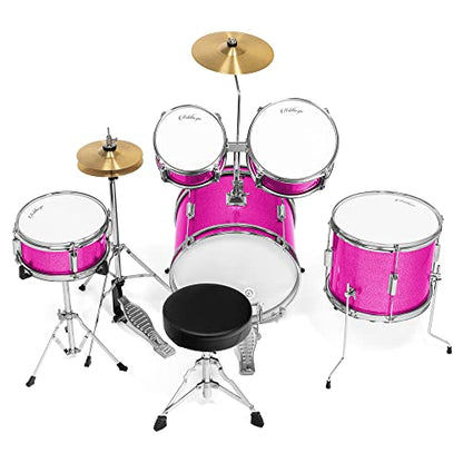 Ashthorpe 5-Piece Complete Kids Drum Set with Genuine Brass Cymbals - Junior Beginner Kit with 16" Bass, Throne, Hi-Hats, Pedals & Drumsticks - Pink - color: Pink