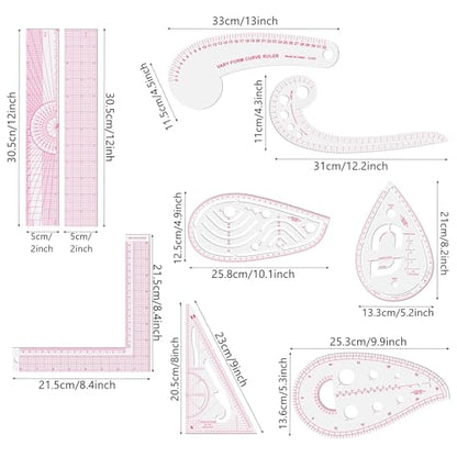 Clear Metric Sewing Rulers,French Curve Sewing Rulers Set,Sewing Tools Supplies for Quilting, Dressmaking, Tailors, Designers, Flexible PVC, 9PCS