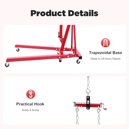 Hydraulic Crane with Engine Leveler, 2T Folding Hydraulic Crane, Heavy Duty Folding Hydraulics, Folding Hydraulic Cranes with Wheels for Engine Lifting Loading