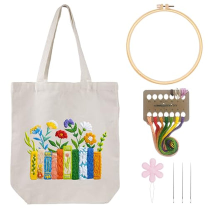Louise Maelys Book and Flowers Embroidery Kit Canvas Tote Bag for Beginners - color: books flowers