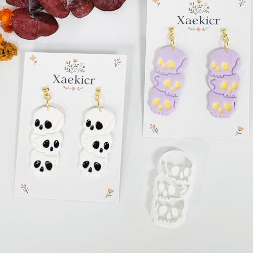 Xaekicr Halloween Skull Polymer Clay Cutters – 3-Stacked Skull Shape Clay Earring Cutters for DIY Jewelry, Polymer Clay Molds, Clay Tools – Halloween Cookie & Earring Making Supplies - color: P color