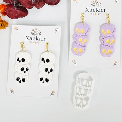 Xaekicr Halloween Skull Polymer Clay Cutters – 3-Stacked Skull Shape Clay Earring Cutters for DIY Jewelry, Polymer Clay Molds, Clay Tools – Halloween Cookie & Earring Making Supplies - color: P color