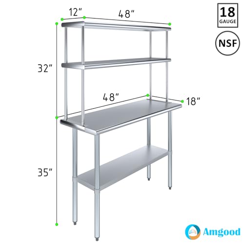 Amgood Stainless Steel Work Table Double Tier Overshelf 18" x 48" Work Table + 12" Overshelf - size: 18" x 48" Work Table + 12" Overshelf