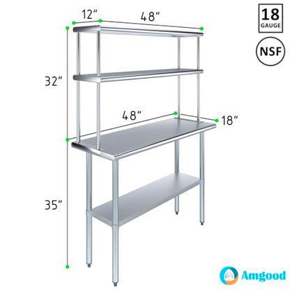 Amgood Stainless Steel Work Table Double Tier Overshelf 18" x 48" Work Table + 12" Overshelf - size: 18" x 48" Work Table + 12" Overshelf