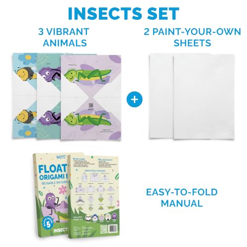 WOYS Floating Origami Boats | Insects Set | Waterproof Reusable Paper | Screen-Free DIY Arts & Crafts Activity & Gift | 5 Sheets | Bath, Pool & Indoor Play - color: INSECTS