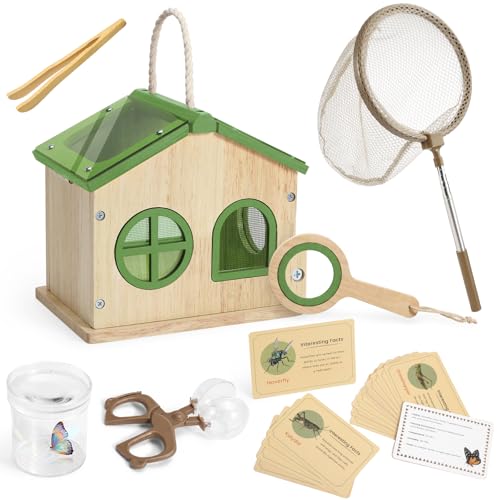 SainSmart Jr. Bug Catcher for Kids - Wooden Bug Habitat with Magnified Viewer, Butterfly Net, Observation Box, Tweezers & 15 Cards, Outdoor Toys & STEM Toys for Boys & Girls Ages 3+, Green - color: Green