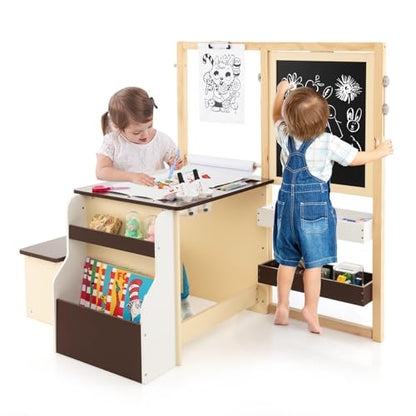 HONEY JOY Kids Art Easel, 6-in-1 Wooden Double-Sided Toddler Table & Chair Set w/Adjustable Magnetic White Board & Chalkboard, Paper Roll, Bookshelf, Storage, Kids Art Table and Chair (Coffee) - style: Coffee