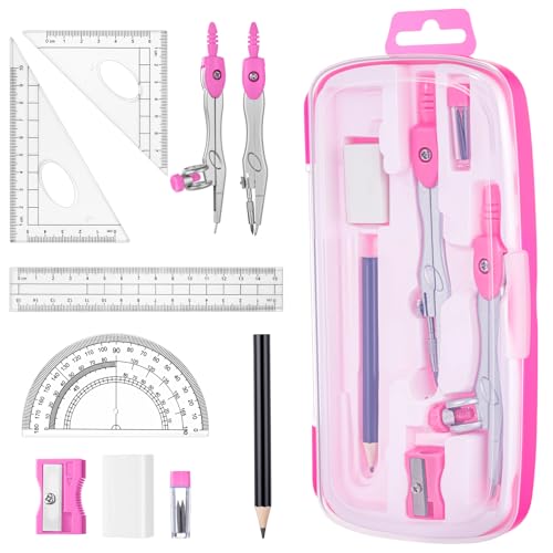 Zonon 10 Pcs Math Geometry Set for Student Compass Protractor, Pink - color: Pink