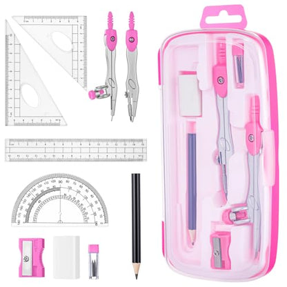 Zonon 10 Pcs Math Geometry Set for Student Compass Protractor, Pink - color: Pink