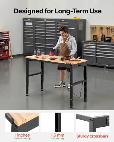 VEVOR Adjustable Workbench, 48 x 20-inch Heavy Duty Work Bench with 28.5-38.3 Inches Height Adjustment, 2000 lbs Capacity Garage Workbench with Power Outlets, Suitable for Office, Garage, Workshop