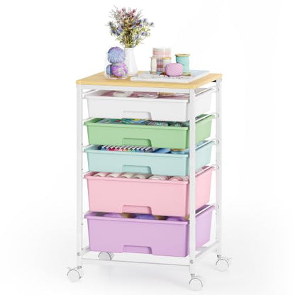 SYKIARIOL 5-Tier Rolling Cart with Drawers with Wooden Top, Ice Cream - color: Ice Cream