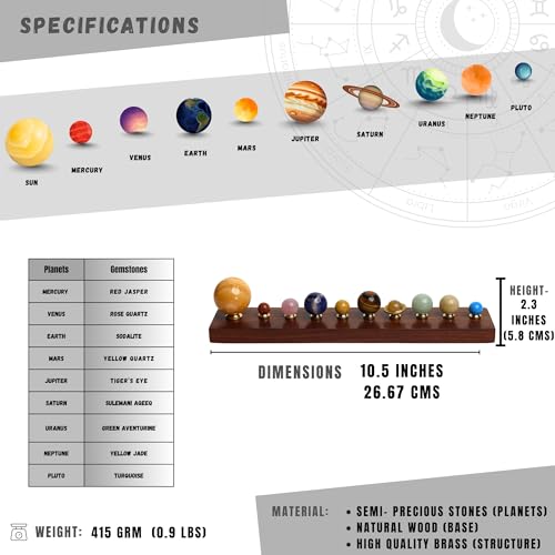 Luxury Handcrafted Solar System Model with Semi-Precious Stones – Sun, Earth & Moon Planet Display on Rosewood Base | Astronomy Art Desk Decor (Sun & 9 Planets)