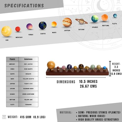 Luxury Handcrafted Solar System Model with Semi-Precious Stones – Sun, Earth & Moon Planet Display on Rosewood Base | Astronomy Art Desk Decor (Sun & 9 Planets)
