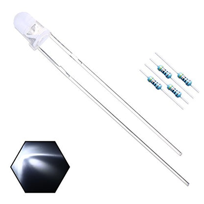 100pcs 3mm White Lights LED Diodes Clear Round Lens 29mm Long Lead (DC 3V) +100pcs Resistors (for DC 6-12V) Included, Bright Bulb Lamps Light Emitting Diode - color: [03] White / 100pcs, style: [A] 3mm Constant Light
