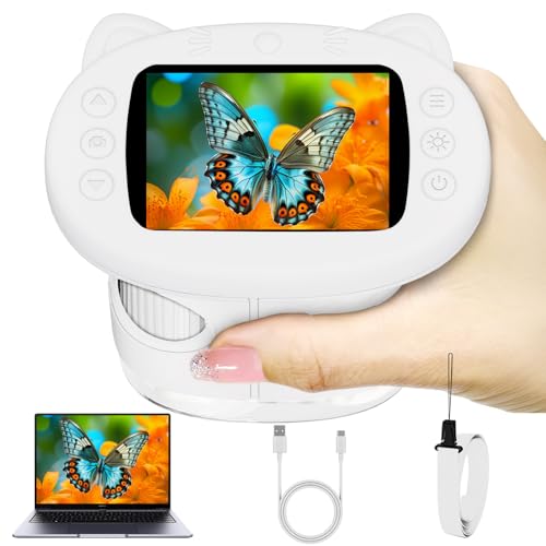 Pocket Kids Microscope, 1000X Handheld Microscope for Kids w/2.4'' Screen, Photo Video Mini Portable Microscopes Science Edu Digiscope, Christmas Birthday Gifts Ideas for Kids Ages 3-12 (White) - color: White