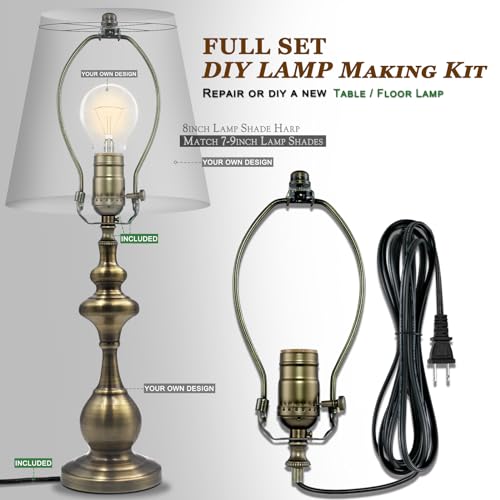 Lamp Rewire Kit - 3-Way Socket With Matching Cord and Harp Set for Table or Floor Lamp Repair, Essential Hardware for DIY Design (Antique Brass, 1) - style: Antique Brass