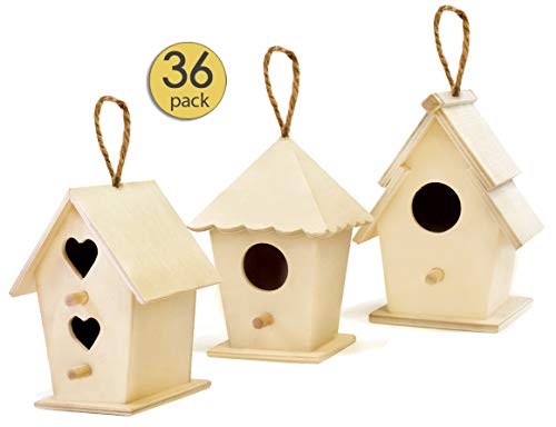 36 Pack Unfinished Wooden Bird Houses to Paint for Kids & Adults Mini Bird Feeder Houses to Decorate with Cord for Hanging Unpainted DIY Arts & Crafts Craft Bird Houses Approx 4.5" Tall - size: 36-Pk