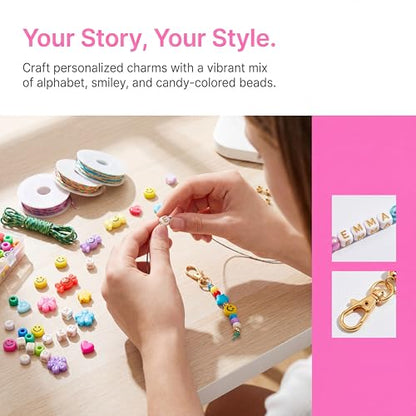 421 PCS DIY Beaded Keychain Making Kit, Bag Charm Craft Supplies – Acrylic Alphabet Bag Beads, Heart Star Flower Shapes, Make Handmade Gifts for Friends Family, Create Zipper Pulls, Making Kit Gifts