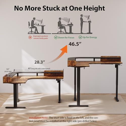 Agilestic L Shaped Standing Desk with Monitor Shelf, 63 Inch, Rustic Brown - color: Rustic Brown, size: 63x55 Inch with shelf